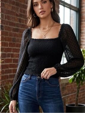 Laundry by Shelli Segal Black Swiss Dot Smocked Long Sleeve Top XS